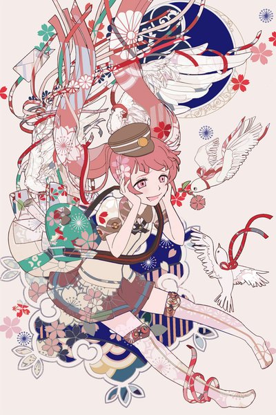 Anime picture 768x1152 with inishie no megami to houseki no ite bourbone single long hair tall image open mouth twintails looking away pink hair pink eyes white wings hands on face seigaiha kikumon yandere trance girl uniform ribbon (ribbons) animal wings