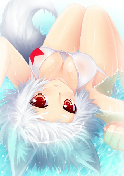 Anime picture 827x1169 with touhou inubashiri momiji langlong single tall image looking at viewer blush short hair breasts light erotic smile red eyes large breasts animal ears cleavage white hair tail lying animal tail looking back