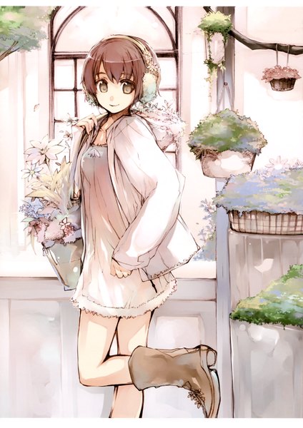 Anime picture 2474x3500 with onmi7 (artbook) fujishima (artist) single tall image looking at viewer highres short hair smile brown hair brown eyes scan hieroglyph girl dress flower (flowers) plant (plants) headphones