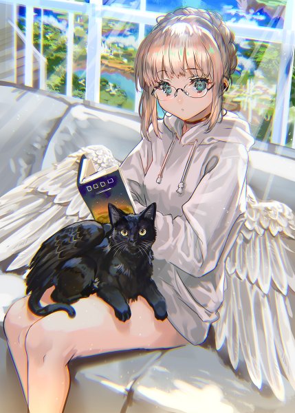 Anime picture 858x1200 with original ranou single tall image looking at viewer blush fringe short hair blonde hair sitting holding sky cloud (clouds) indoors braid (braids) long sleeves aqua eyes sunlight bare legs :o