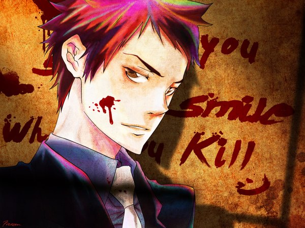 Anime picture 1600x1200 with katekyou hitman reborn yamamoto takeshi freezen single short hair brown eyes signed red hair multicolored hair inscription formal boy blood splashes