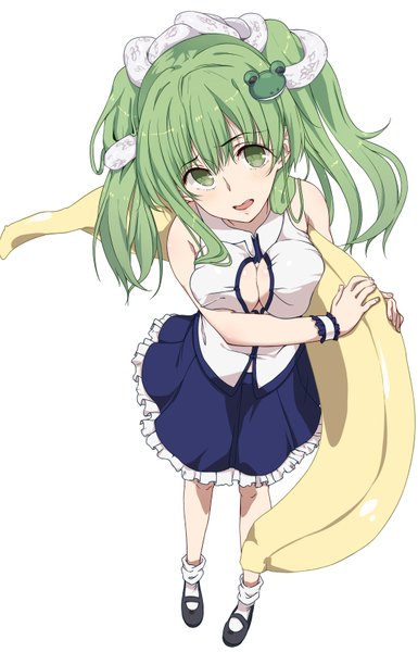 Anime picture 1080x1681 with touhou kochiya sanae haine single long hair tall image looking at viewer open mouth light erotic white background twintails bare shoulders green eyes cleavage green hair girl skirt hair ornament animal shirt