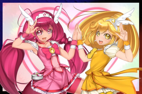 Anime-Bild 1280x853 mit precure smile precure! toei animation kise yayoi hoshizora miyuki cure peace cure happy sin (moemaru) long hair open mouth blonde hair twintails multiple girls yellow eyes purple hair ponytail pink eyes girl dress 2 girls