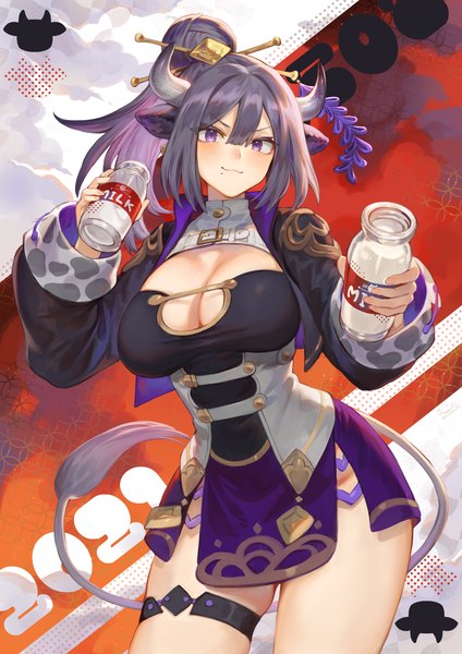 Anime picture 1592x2251 with original mashuu (neko no oyashiro) single long hair tall image looking at viewer blush fringe breasts light erotic smile hair between eyes large breasts standing purple eyes holding animal ears payot cleavage purple hair
