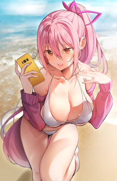Anime picture 1200x1858 with original k pring single tall image blush fringe breasts open mouth light erotic smile hair between eyes large breasts standing bare shoulders holding payot looking away pink hair sky outdoors