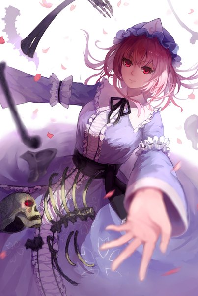 Anime picture 1366x2031 with touhou saigyouji yuyuko hoshimawa single tall image looking at viewer short hair simple background red eyes white background pink hair traditional clothes japanese clothes depth of field spread arms skeleton bone (bones) girl ribbon (ribbons) petals