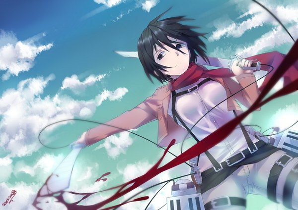 Anime picture 1200x849 with shingeki no kyojin production i.g mikasa ackerman saphirya single short hair black hair holding sky cloud (clouds) black eyes dual wielding girl weapon sword scarf katana blood pants red scarf