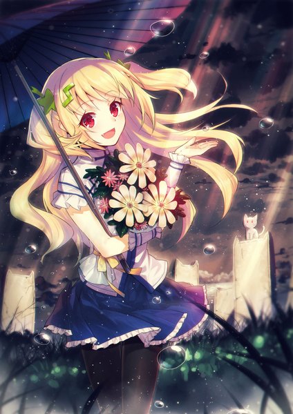 Anime picture 1280x1810 with original heiwari kanade single long hair tall image open mouth blonde hair smile red eyes rain girl dress hair ornament flower (flowers) plant (plants) animal umbrella cat grass bubble (bubbles)