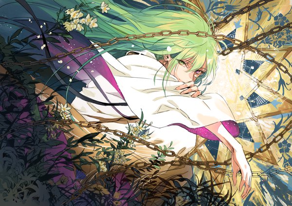 Anime picture 4093x2894 with fate (series) fate/grand order enkidu (fate) seomouse single long hair looking at viewer fringe highres hair between eyes sitting absurdres green hair heterochromia holding arm androgynous flower (flowers) plant (plants) chain