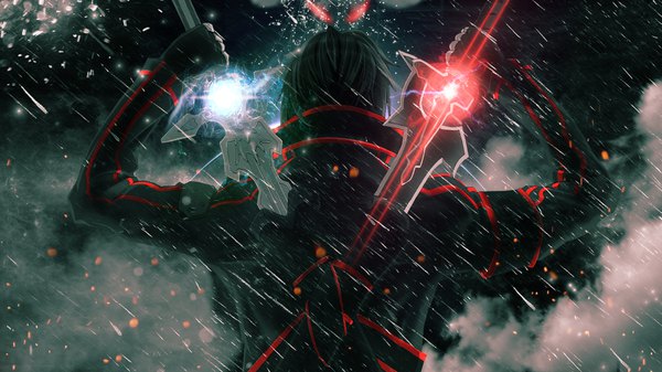 Anime picture 1920x1080 with sword art online a-1 pictures kirigaya kazuto zapdosify single looking at viewer highres short hair black hair red eyes wide image holding upper body from behind arms up sparkle depth of field wallpaper rain dual wielding