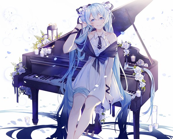 Anime picture 1476x1181 with vocaloid hatsune miku miyuki (miyuki0529) single looking at viewer fringe open mouth blue eyes hair between eyes sitting twintails bare shoulders blue hair very long hair hair flower adjusting hair girl flower (flowers) petals musical instrument