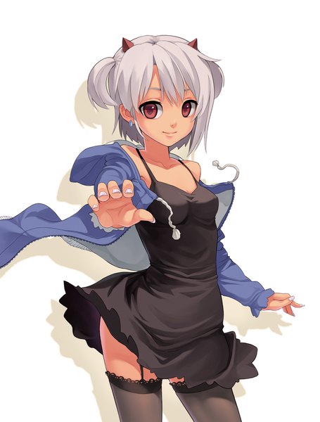 Anime picture 1500x1977 with original aisha (fkey) fkey single tall image looking at viewer fringe short hair breasts simple background smile red eyes white background bare shoulders cleavage nail polish horn (horns) grey hair open jacket shadow