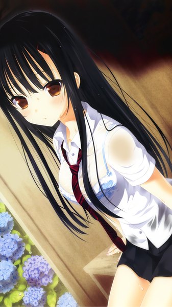 Anime picture 1440x2560 with makita maki single long hair tall image looking at viewer blush black hair brown eyes scan wet clothes girl flower (flowers) shirt necktie