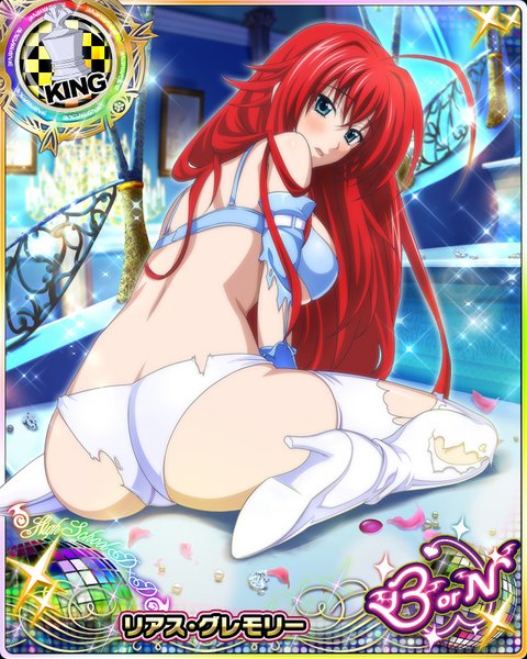 Anime picture 640x800 with highschool dxd rias gremory single tall image blush open mouth blue eyes light erotic ass red hair very long hair looking back torn clothes card (medium) girl underwear panties petals boots thigh boots