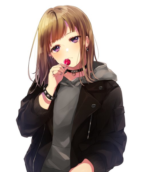 Anime picture 2480x3000 with original shinotarou (nagunaguex) single long hair tall image looking at viewer blush fringe highres simple background brown hair white background purple eyes holding head tilt open jacket piercing ear piercing girl choker