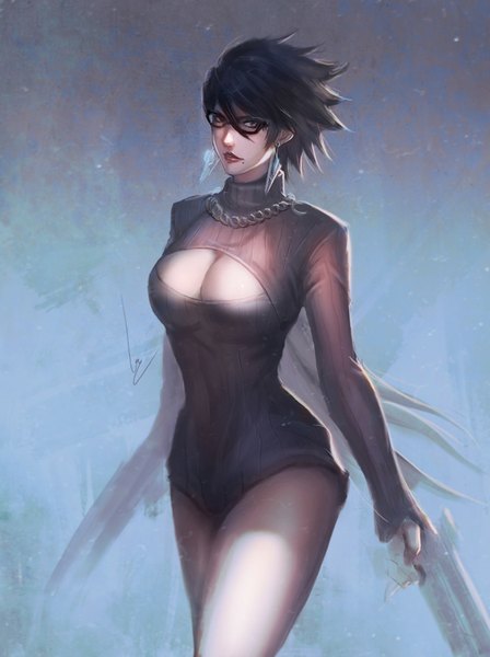 Anime picture 673x900 with bayonetta bayonetta 2 bayonetta (character) chaosringen single tall image looking at viewer fringe short hair breasts blue eyes black hair large breasts signed cleavage parted lips wind realistic mole alternate costume