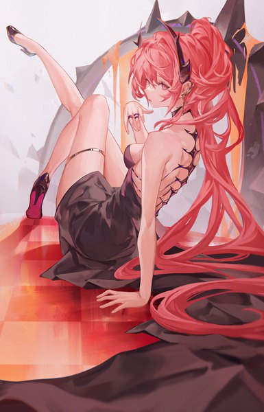 Anime picture 2626x4096 with arknights surtr (arknights) deadprince single tall image fringe highres light erotic hair between eyes purple eyes ponytail red hair very long hair horn (horns) arm support bare legs high heels legs leg lift (legs lift) girl