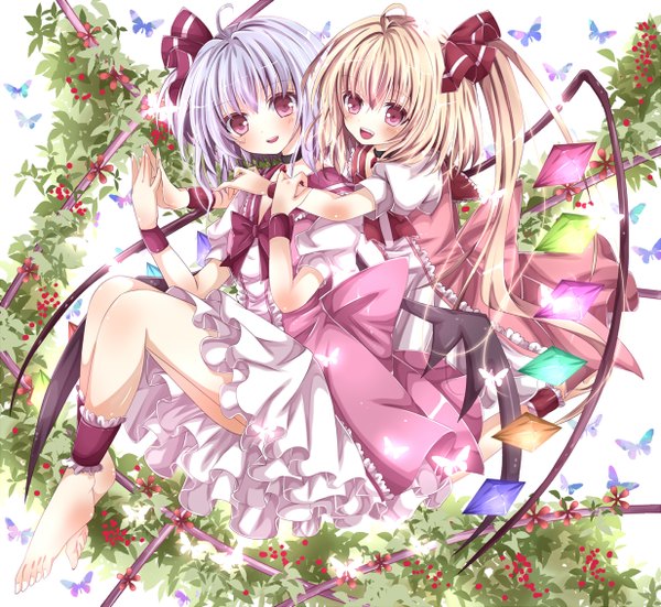 Anime picture 1234x1134 with touhou flandre scarlet remilia scarlet nanase nao blush short hair open mouth blonde hair red eyes multiple girls purple hair girl dress flower (flowers) bow 2 girls hair bow wings frills bowtie