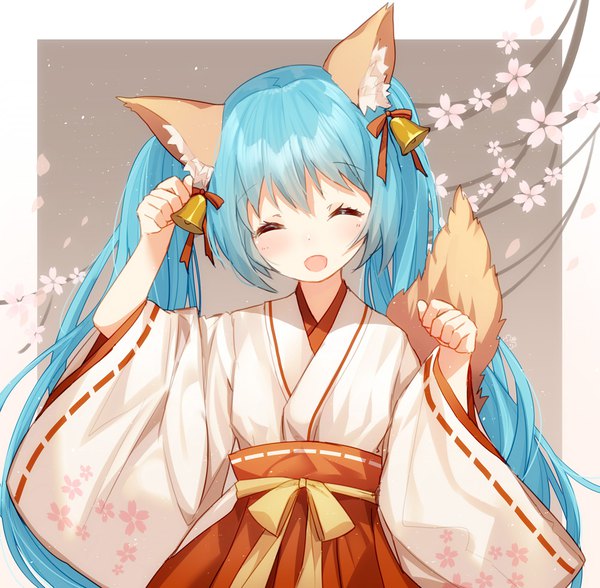 Anime picture 1000x980 with vocaloid hatsune miku bison cangshu single blush fringe open mouth simple background twintails animal ears tail eyes closed very long hair traditional clothes :d japanese clothes animal tail aqua hair wide sleeves fox ears