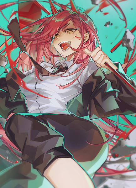 Anime picture 2200x3040 with chainsaw man mappa power (chainsaw man) mato-c single long hair tall image highres open mouth holding yellow eyes pink hair bent knee (knees) long sleeves horn (horns) off shoulder teeth looking down symbol-shaped pupils shaded face