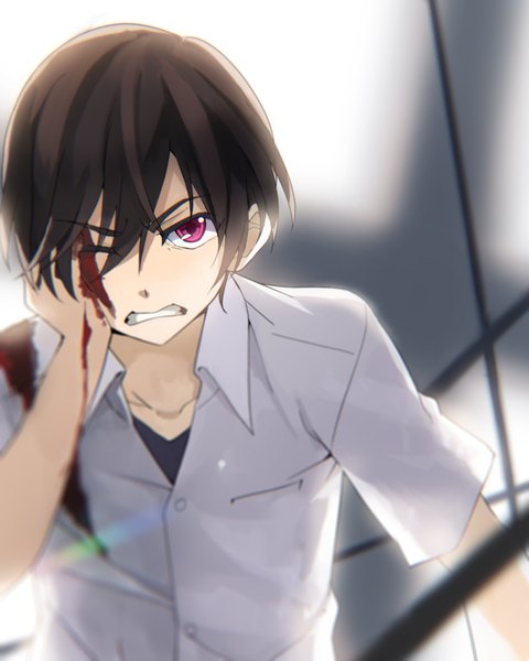 Anime picture 800x1000 with charlotte p.a. works otosaka yuu takerusilt single tall image looking at viewer fringe short hair hair between eyes brown hair upper body one eye closed pink eyes grin blood on face bloody clothes injury hand on cheek bleeding