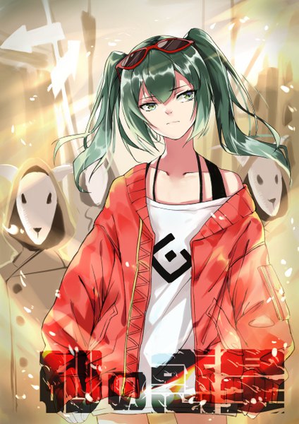 Anime picture 3507x4960 with vocaloid suna no wakusei (vocaloid) hatsune miku erlge long hair tall image fringe highres hair between eyes standing twintails green eyes looking away absurdres outdoors green hair open jacket sunglasses on head girl jacket