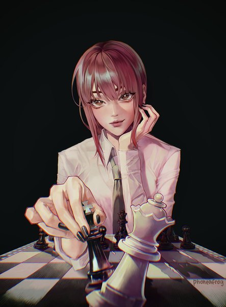 Anime-Bild 1512x2048 mit chainsaw man mappa makima (chainsaw man) phoneafrog single long hair tall image looking at viewer fringe simple background smile sitting holding signed yellow eyes payot pink hair blunt bangs long sleeves nail polish