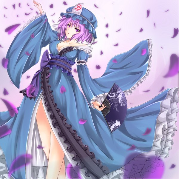 Anime picture 1000x1000 with touhou saigyouji yuyuko ekusera single looking at viewer blush short hair breasts open mouth purple eyes bare shoulders cleavage purple hair traditional clothes japanese clothes wide sleeves girl petals kimono obi
