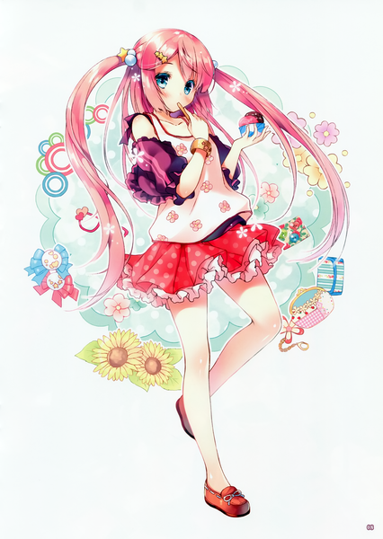 Anime picture 2132x3000 with miwabe sakura single long hair tall image blush highres blue eyes white background twintails pink hair scan girl dress flower (flowers) food bracelet sweets ice cream