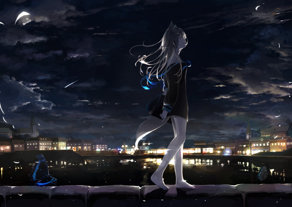 Anime picture 2549x1811 with original mikisai single long hair fringe highres open mouth hair between eyes bare shoulders animal ears cloud (clouds) bent knee (knees) outdoors tail eyes closed long sleeves animal tail profile barefoot wind