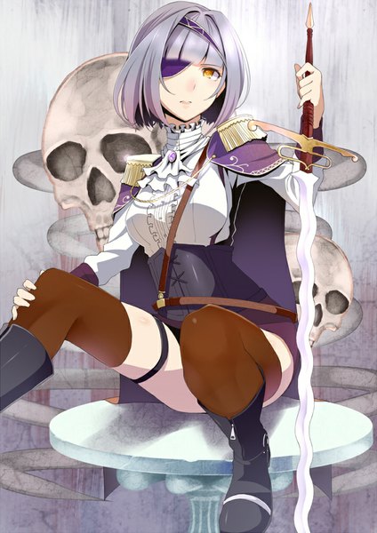 Anime picture 707x1000 with original retsuna single tall image short hair sitting yellow eyes silver hair girl thighhighs dress weapon sword boots eyepatch skull