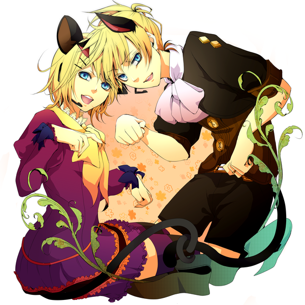Anime picture 2893x2893 with vocaloid kagamine rin kagamine len domco highres short hair open mouth blue eyes blonde hair smile sitting animal ears tail nail polish cat ears cat girl cat tail couple kneeling twins