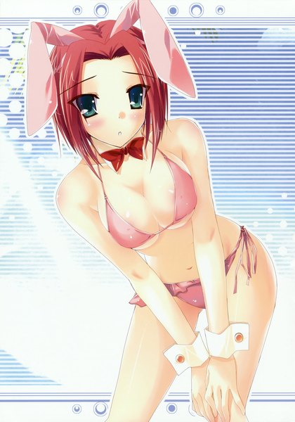 Anime picture 3187x4548 with code geass sunrise (studio) kallen stadtfeld yuki usagi (mofurafu) single tall image blush highres short hair light erotic simple background green eyes absurdres red hair bunny ears girl swimsuit bikini