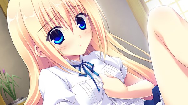 Anime picture 1024x576 with lovely quest long hair blush blue eyes blonde hair wide image game cg girl shirt