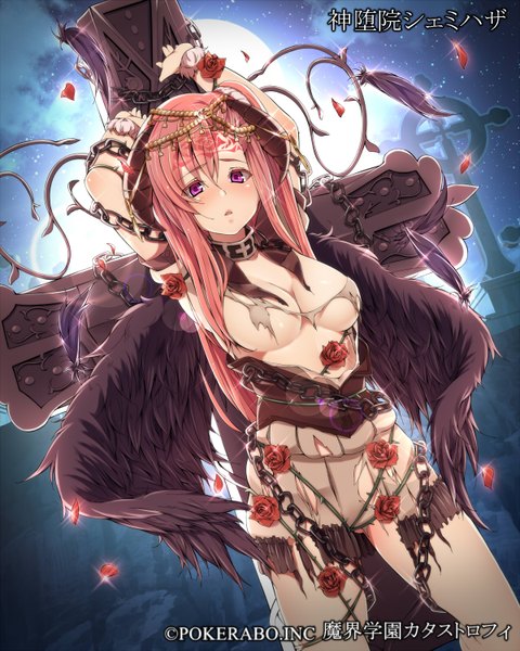 Anime picture 1200x1500 with makai gakuen catastrophe hinamizawa (hina-sawa) single long hair tall image blush breasts open mouth light erotic purple eyes pink hair horn (horns) night torn clothes girl hair ornament flower (flowers) petals wings moon