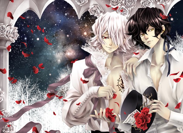 Anime picture 1307x950 with pandora hearts xebec gilbert nightray xerxes break luleiya looking at viewer fringe short hair black hair smile red eyes signed yellow eyes white hair hair over one eye open clothes multiple boys open shirt boy flower (flowers)