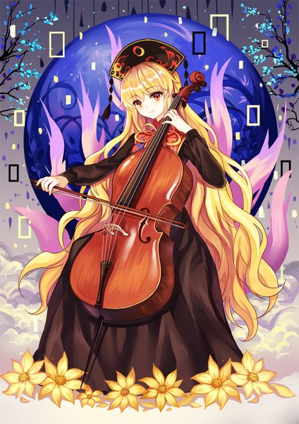 Anime picture 800x1131 with touhou junko (touhou) mirror (xilu4) single tall image fringe blonde hair smile red eyes very long hair wavy hair playing instrument girl dress flower (flowers) headdress black dress musical instrument bow (instrument) energy