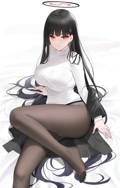 Anime picture 3119x4889 with blue archive rio (blue archive) qing wu single long hair tall image looking at viewer fringe highres breasts light erotic black hair red eyes large breasts sitting absurdres bent knee (knees) blunt bangs long sleeves parted lips