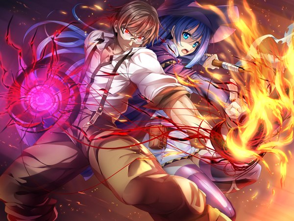 Anime picture 1024x768 with grimoire no shisho kureha martin marushin (denwa0214) long hair short hair open mouth blue eyes red eyes brown hair blue hair game cg magic girl dress boy glasses witch hat staff fire