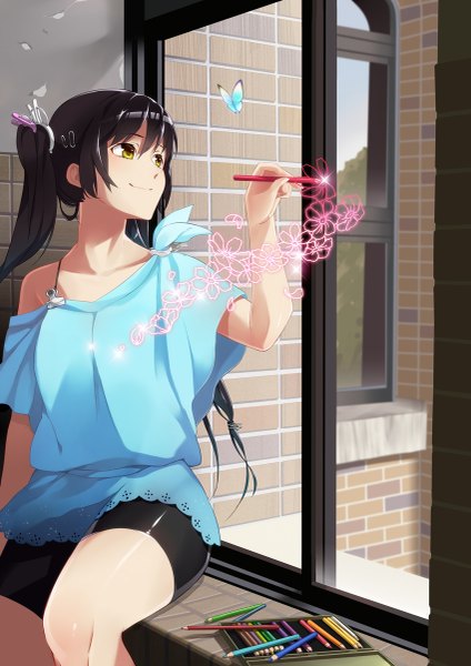 Anime picture 849x1200 with original samurai10932 single long hair tall image black hair smile sitting twintails yellow eyes indoors girl dress window insect butterfly leggings pencil crayon