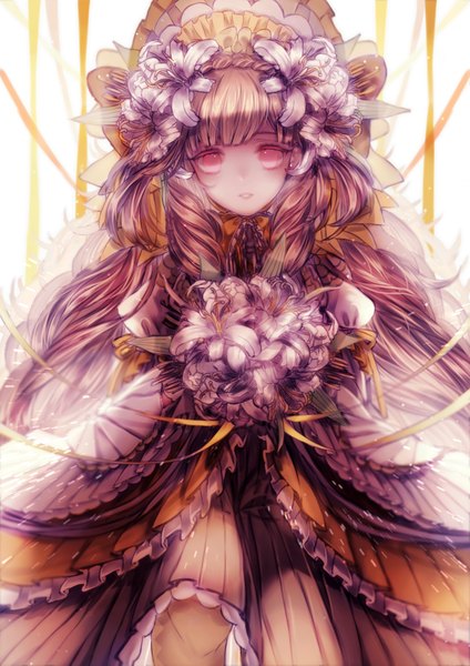 Anime picture 2894x4093 with original yasiromann single long hair tall image looking at viewer highres brown hair pink eyes hair flower girl dress hair ornament flower (flowers) ribbon (ribbons) frills bonnet bouquet