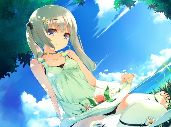 Anime picture 1088x810 with original nekomu long hair blue eyes smile twintails white hair hair flower girl hair ornament hat water sundress