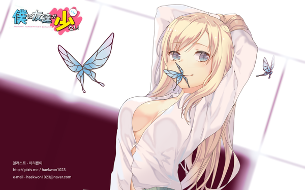 Anime picture 2560x1600 with boku wa tomodachi ga sukunai kashiwazaki sena torano single long hair looking at viewer highres breasts blue eyes light erotic blonde hair holding mouth hold girl shirt insect butterfly