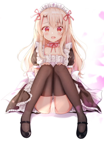 Anime picture 924x1259 with fate (series) fate/kaleid liner prisma illya illyasviel von einzbern nasii single long hair tall image looking at viewer blush open mouth light erotic simple background blonde hair red eyes white background sitting full body maid pantyshot alternate costume