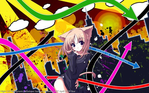 Anime picture 1920x1200 with havcom highres blonde hair wide image animal ears tail cat girl girl building (buildings) directional arrow