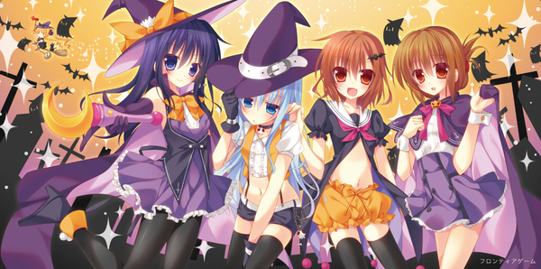 Anime picture 1178x586 with kantai collection hibiki destroyer akatsuki destroyer inazuma destroyer ikazuchi destroyer nakada rumi long hair looking at viewer blush short hair open mouth blue eyes black hair red eyes brown hair wide image multiple girls blue hair halloween witch