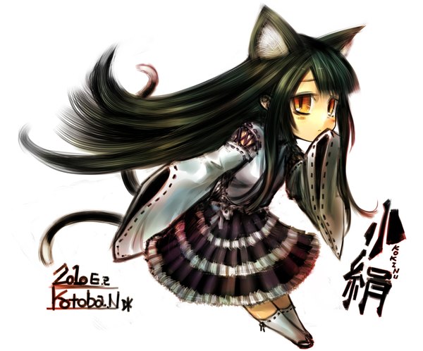 Anime picture 2000x1660 with original kotoba noriaki single long hair highres black hair animal ears yellow eyes cat ears cat tail multiple tails girl dress