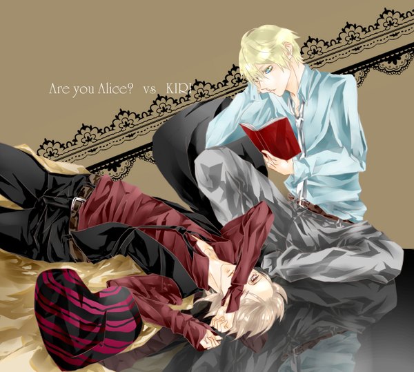 Anime picture 1417x1275 with are you alice kiri - the route of infection kanaria alice (are you alice) kanaria (kiri) short hair blue eyes blonde hair sitting holding yellow eyes lying aqua eyes multiple boys reflection open collar crossover reading boy shirt necktie
