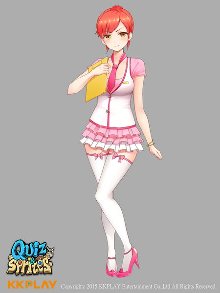 Anime picture 750x1000 with original yi l chen 5 single tall image looking at viewer blush short hair simple background smile yellow eyes red hair grey background girl thighhighs skirt miniskirt white thighhighs necktie bracelet