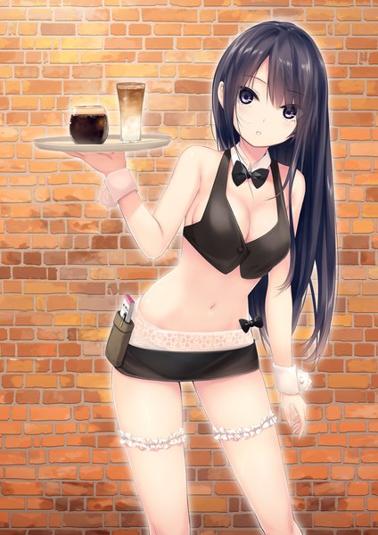 Anime picture 1447x2046 with original shiramine rika coffee-kizoku single long hair tall image looking at viewer blush fringe breasts light erotic black hair hair between eyes standing bare shoulders holding cleavage parted lips black eyes leaning